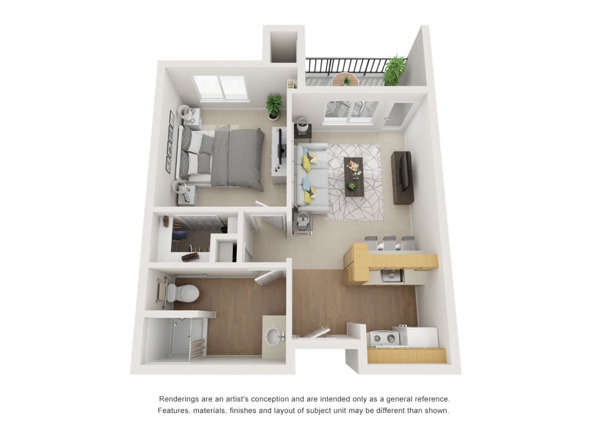 3D floor plan of a one-bedroom apartment with living room, kitchen, and bathroom.
