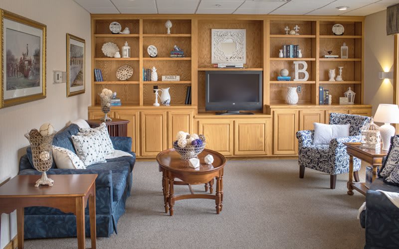 A cozy living room with built-in bookshelves, a television, and comfortable furniture.