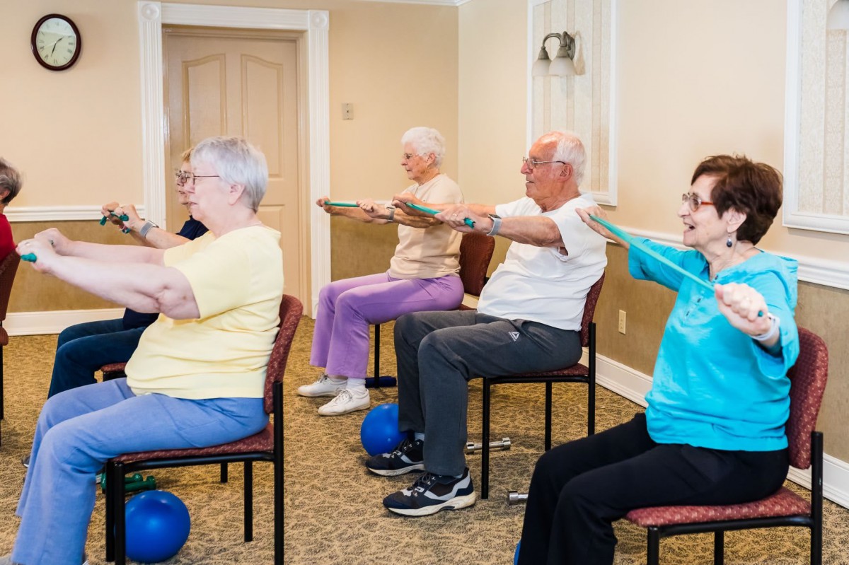 A group of seniors participating in a seated fitness class with exercise balls.
