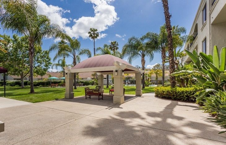A sunny day in a park with a gazebo surrounded by palm trees.
