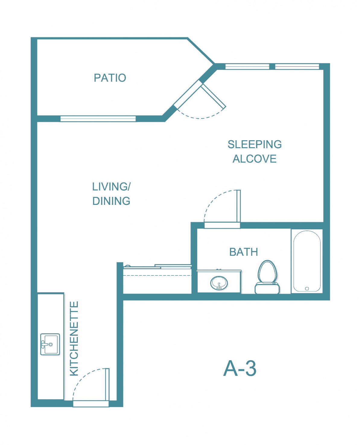 Studio apartment floor plan with a patio, living/dining area, sleeping alcove, and bathroom.