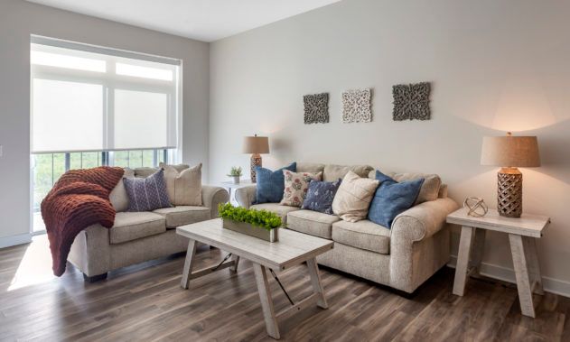 A modern living room featuring comfortable sofas, decorative cushions, a coffee table, and stylish wall art.