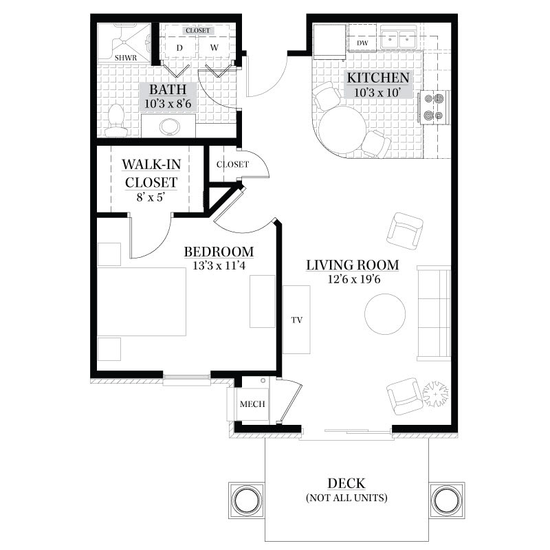 One-bedroom apartment floor plan with a living room, kitchen, bathroom, walk-in closet, and deck.