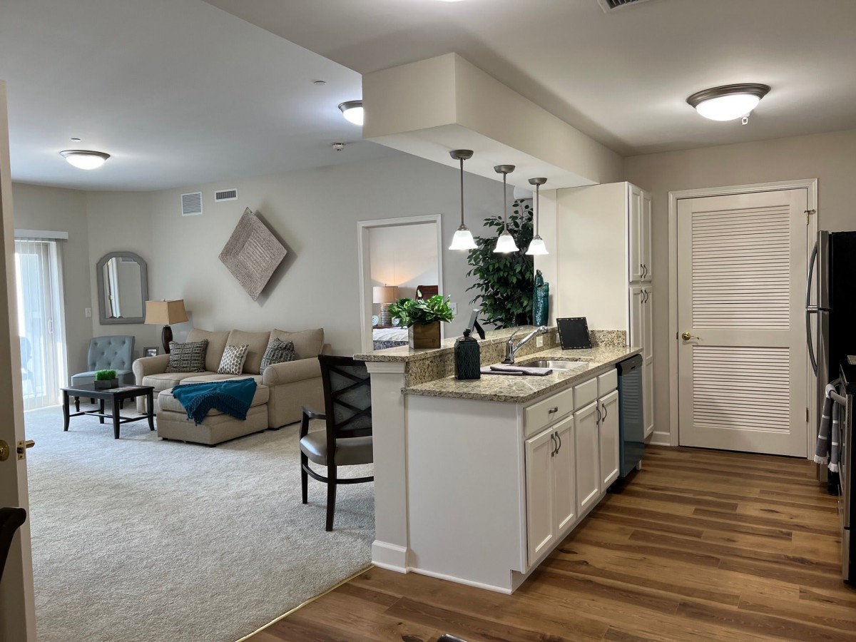 A modern open floor plan featuring a kitchen adjacent to a cozy living room with stylish decor.