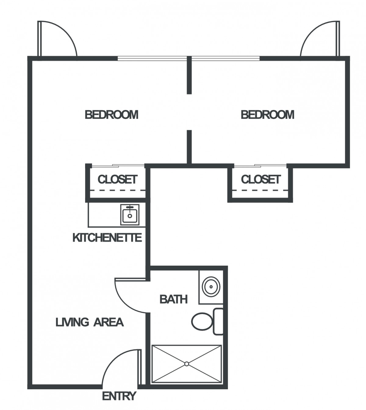 A simple floor plan of a two-bedroom apartment featuring a living area, kitchenette, bathroom, and closets.
