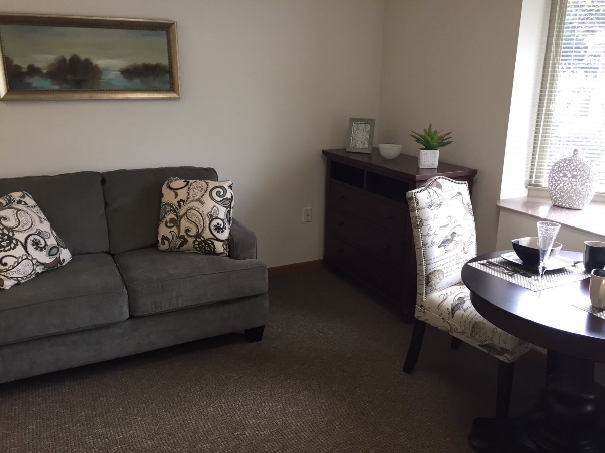 A cozy living room with a sofa, armchair, and decorative elements.