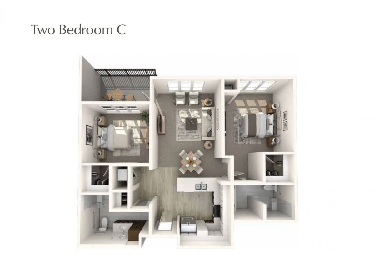 A 3D floor plan of an apartment labeled as 'Bedroom C', featuring multiple bedrooms, a living room, and a kitchen area.