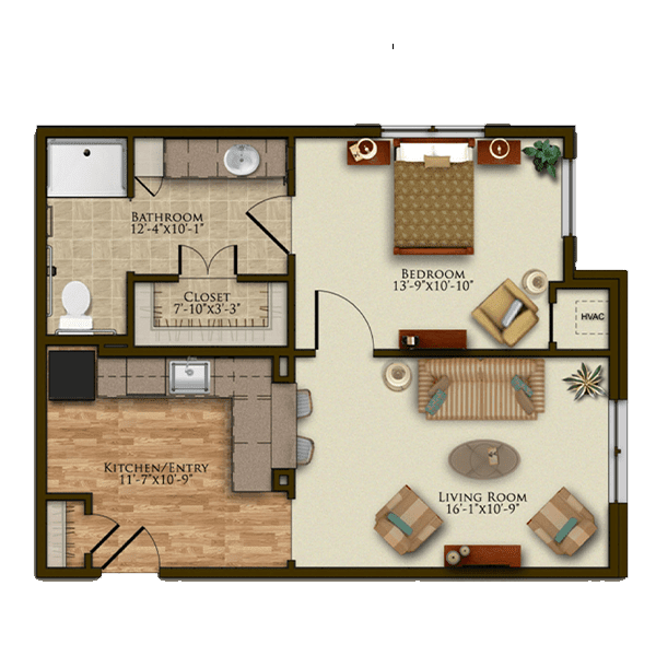 A floor plan of a one-bedroom apartment featuring a kitchen, living room, and bathroom.