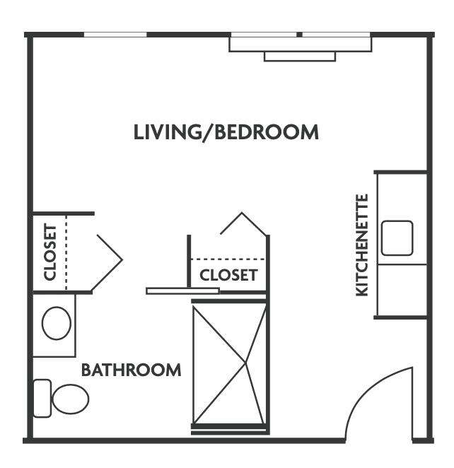 Studio apartment floor plan with living/bedroom area, kitchenette, bathroom, and closets.