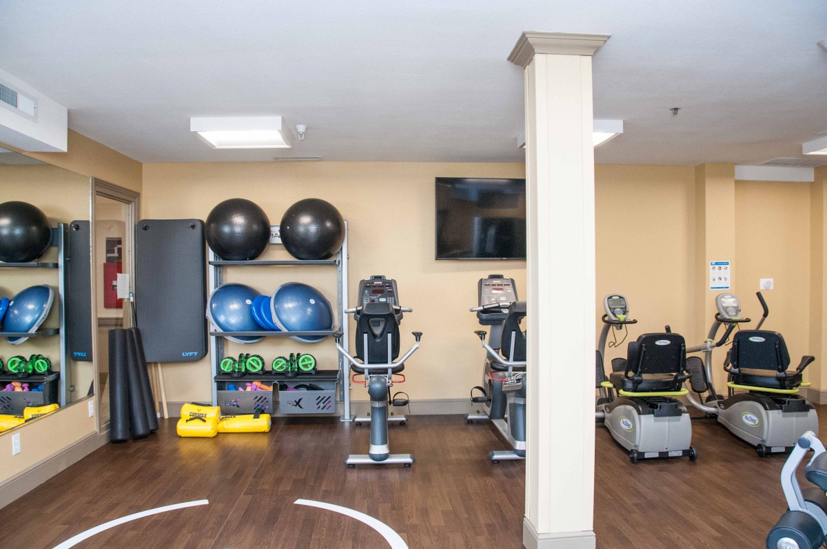 A well-equipped gym featuring treadmills, exercise balls, and various fitness equipment.
