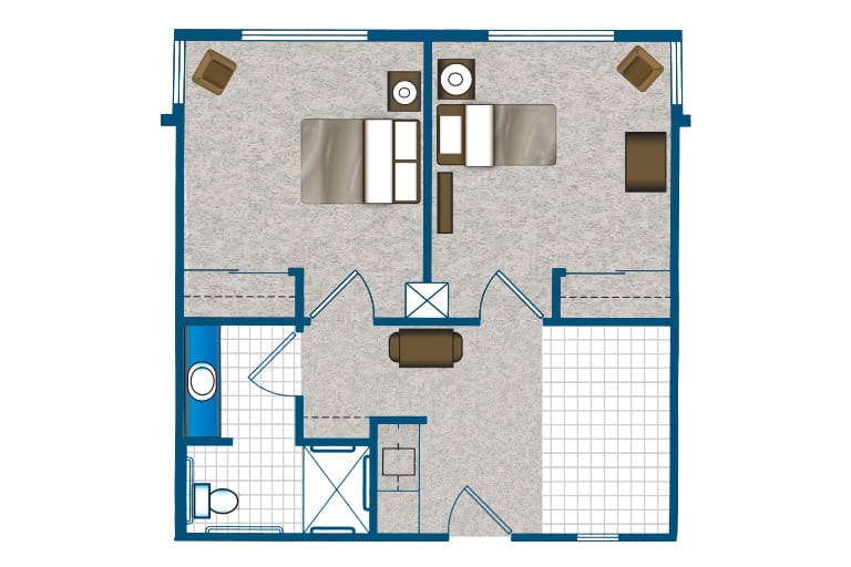 A two-bedroom apartment floor plan with a shared living area and bathroom.