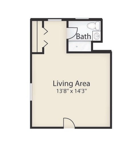 Studio apartment floor plan with a living area and bathroom.