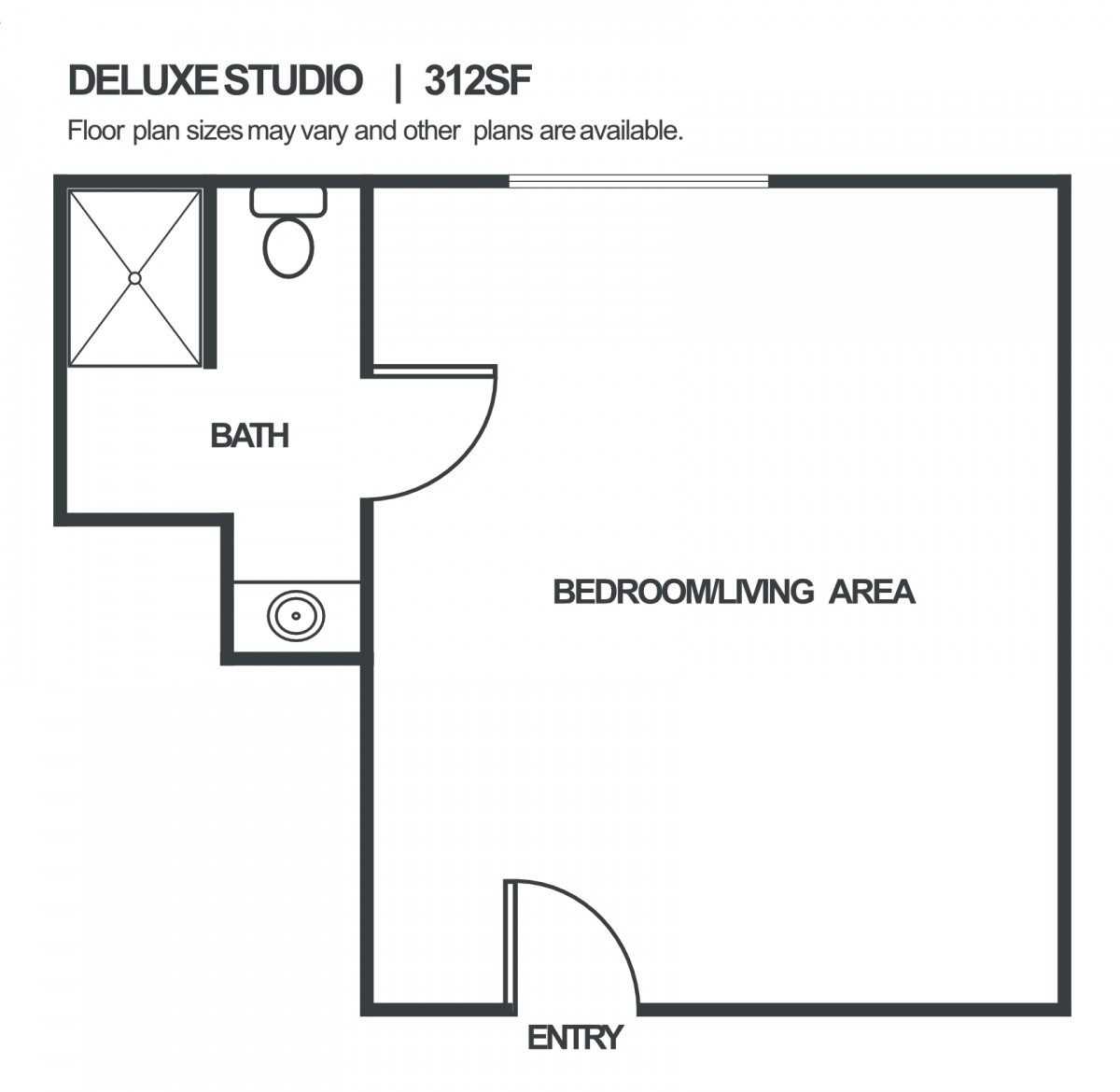 This image shows a floor plan for a deluxe studio apartment measuring 312 square feet, featuring a combined bedroom/living area and a bathroom.