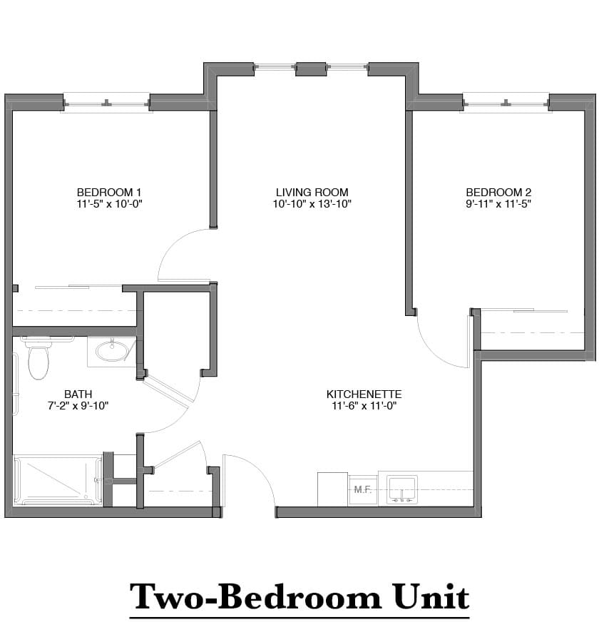 A floor plan of a two-bedroom unit, showcasing the layout and dimensions.