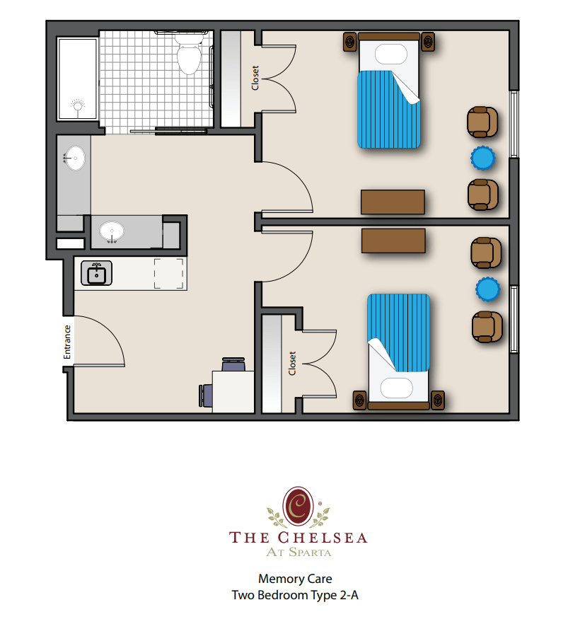 A floor plan of a two-bedroom apartment with labeled areas including a living room, kitchen, and bathroom.