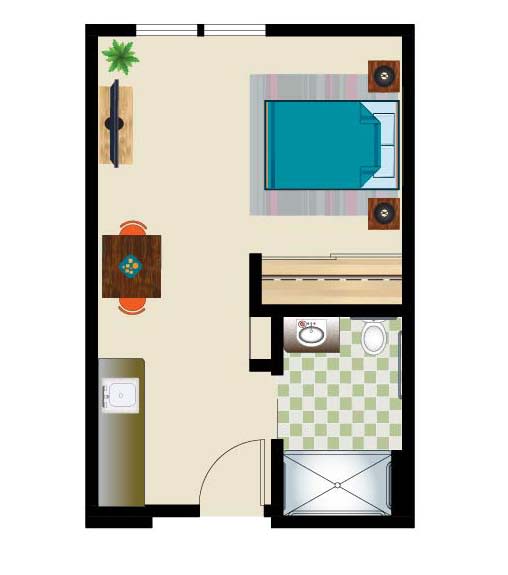 A floor plan of a studio apartment featuring a bedroom, living area, bathroom, and kitchen.