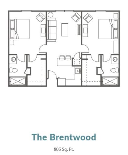 A floor plan layout for 'The Brentwood' apartment, featuring two bedrooms and shared living spaces.
