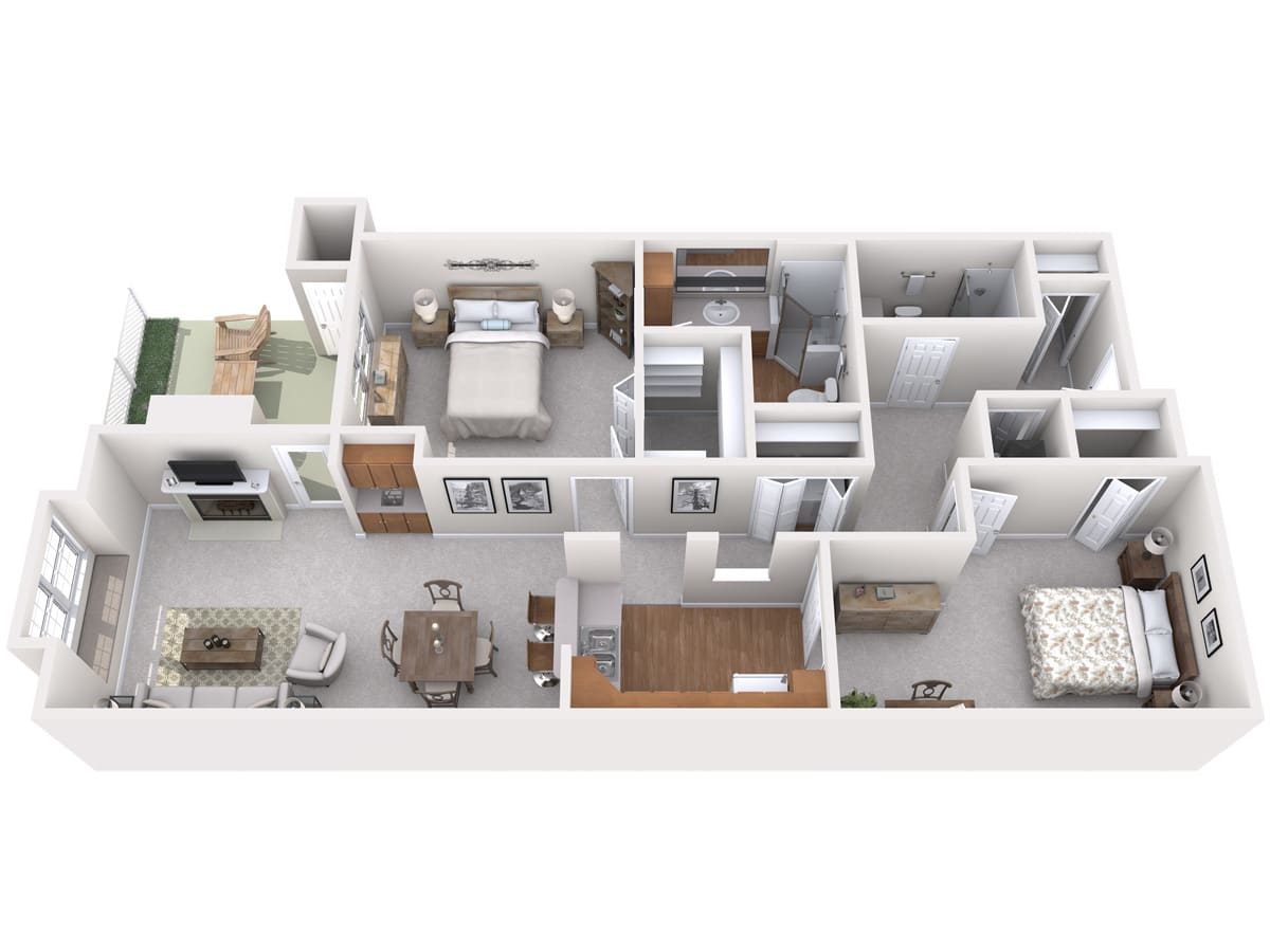 A 3D rendered floor plan of an apartment showcasing various rooms and interior design elements.