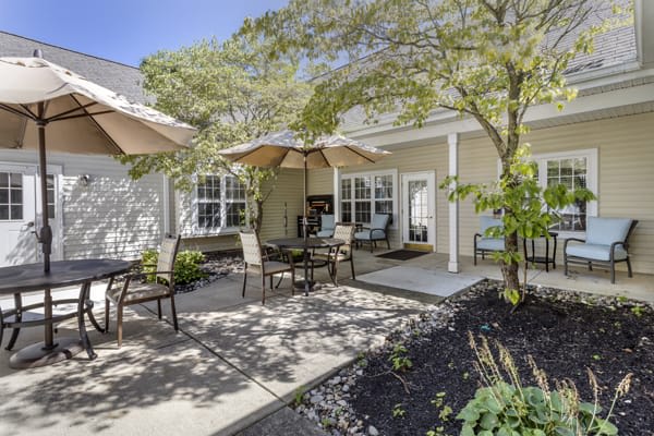 A sunny patio with outdoor seating and umbrellas surrounded by trees.
