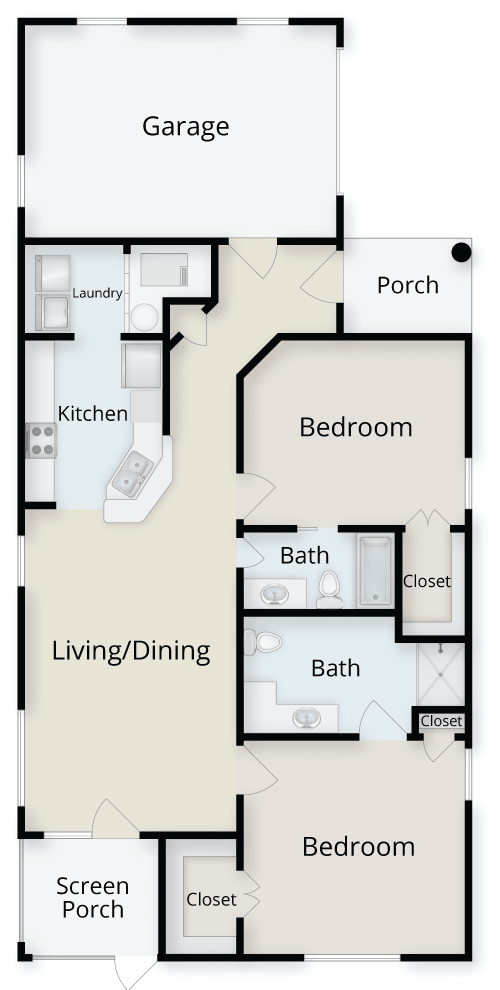 A floor plan of an apartment featuring a bedroom, two bathrooms, a living/dining area, kitchen, laundry, and porch.
