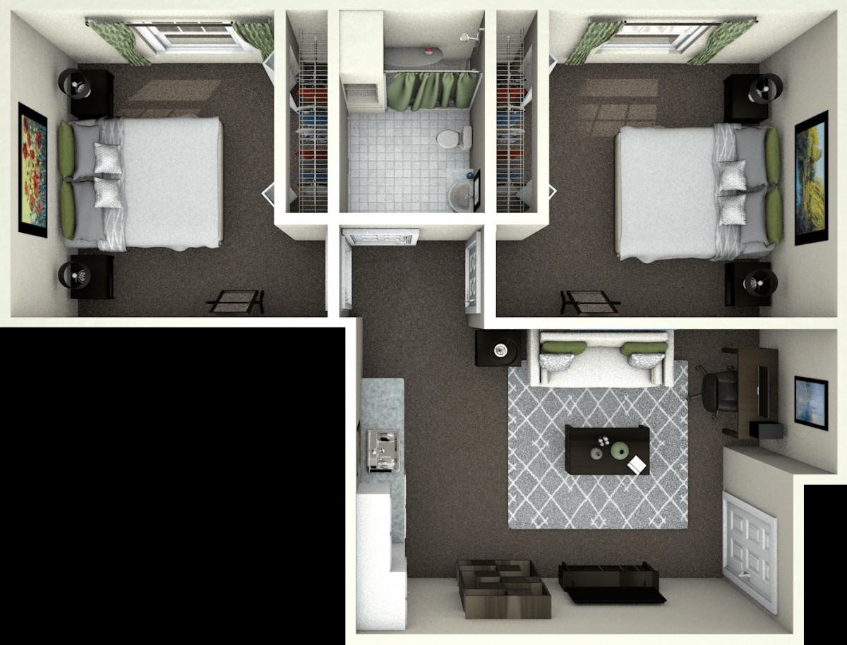 A two-bedroom apartment floor plan with a central bathroom and an open-concept kitchen and living area.