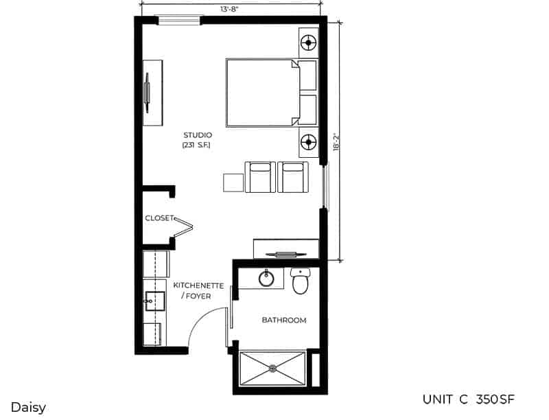 A floor plan of a studio apartment showing a combined living and sleeping area, kitchen, and bathroom.