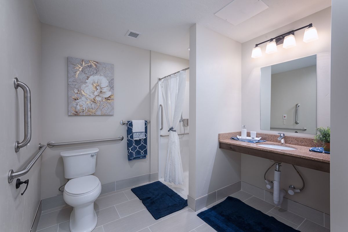 A modern bathroom with a shower, toilet, and sink, featuring blue accents and wall artwork.
