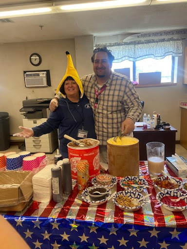 A fun gathering with treats and a banana hat!