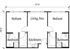 A floor plan showing a layout with two bedrooms, a living area, kitchenette, and bathrooms.