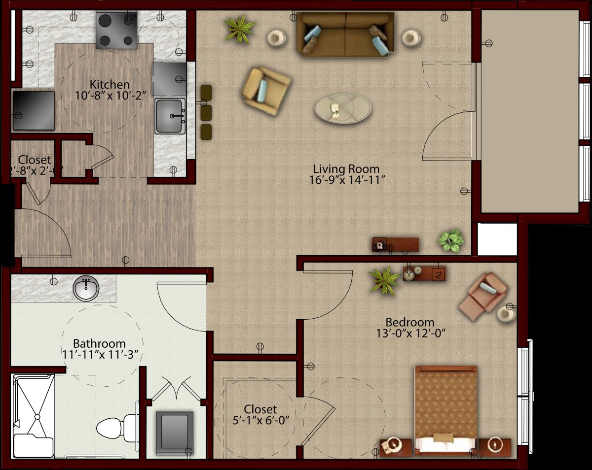 A detailed floor plan of a one-bedroom apartment with labeled rooms including a kitchen, living room, bathroom, closet, and bedroom.