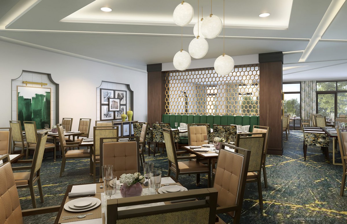 A well-decorated restaurant dining area with neatly arranged tables and ambient lighting.