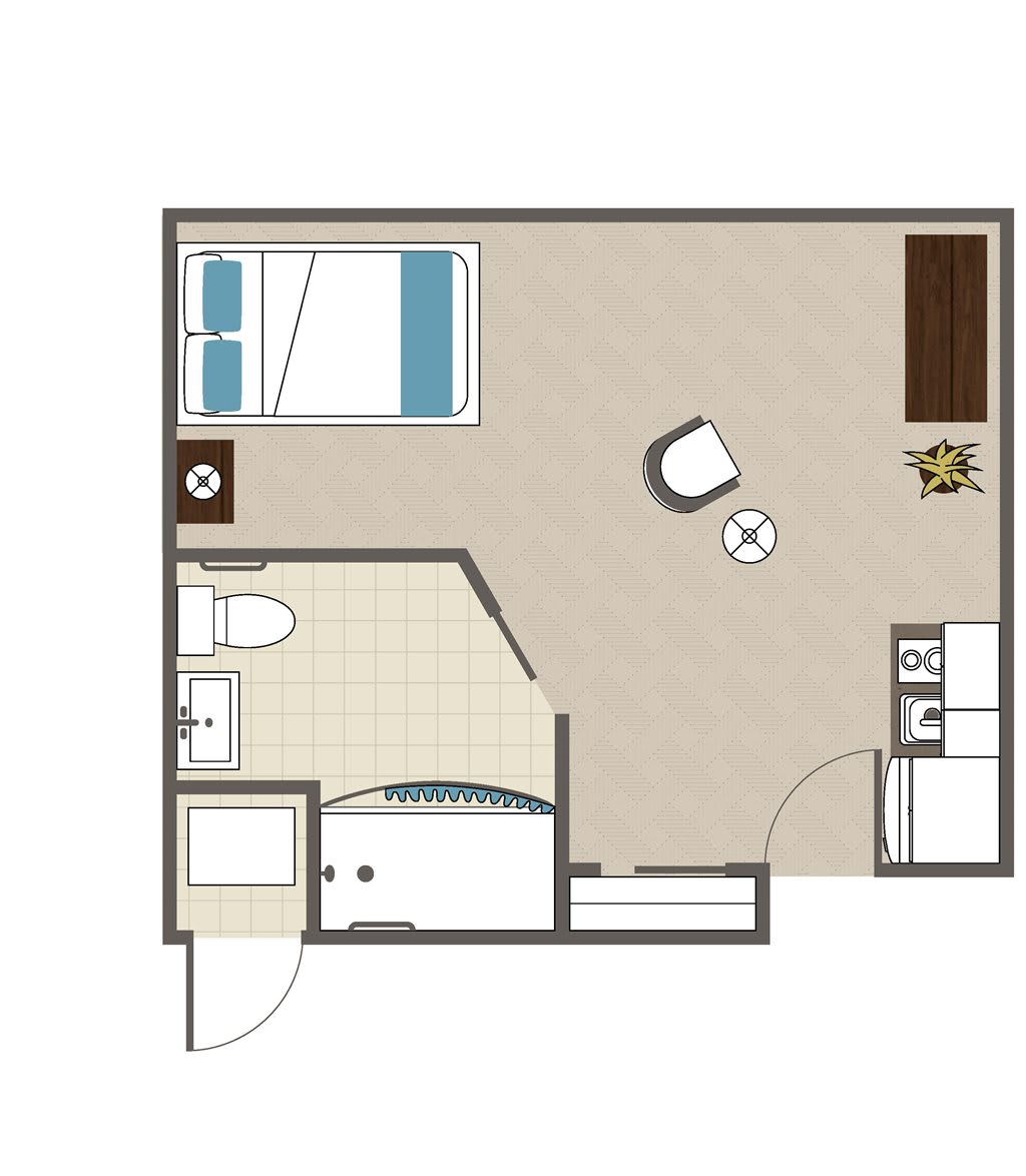 A floor plan of a studio apartment, featuring a bed, bathroom, and kitchen area.