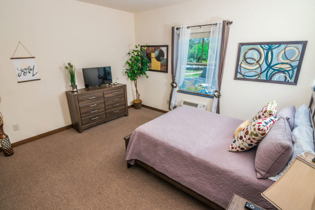 A cozy bedroom with a bed, dresser, and TV, featuring carpeted flooring and decorative elements.