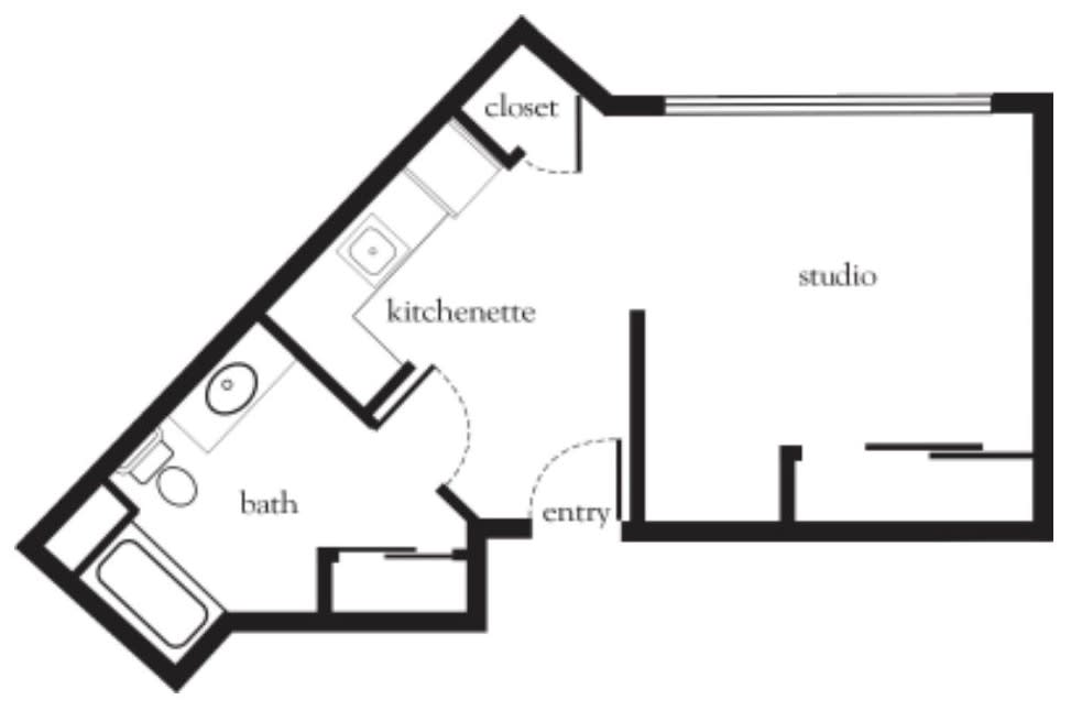 Floor plan of a studio apartment showing kitchenette, bath, closet, and entry.