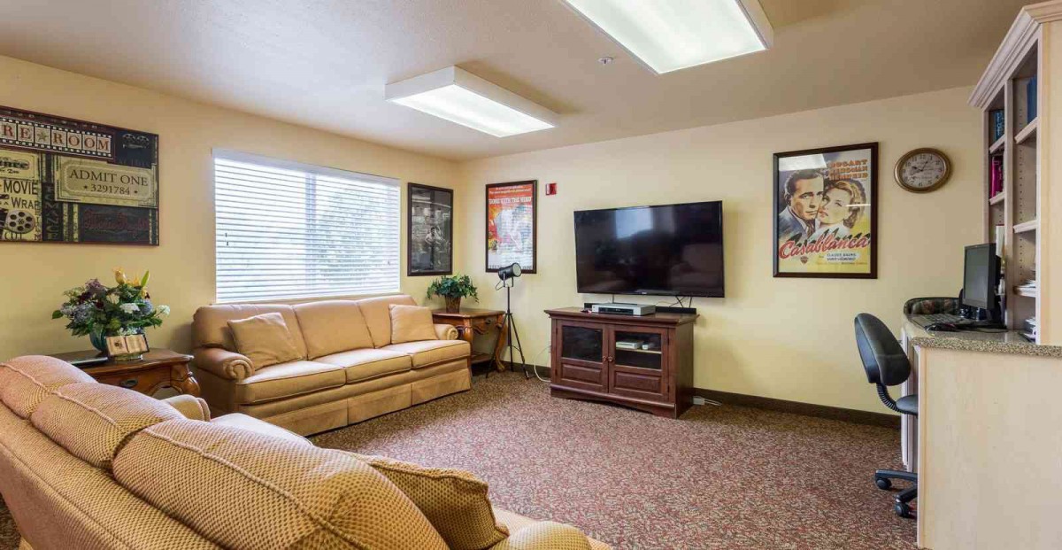 A cozy living room featuring a sofa, television, and framed posters on the wall.
