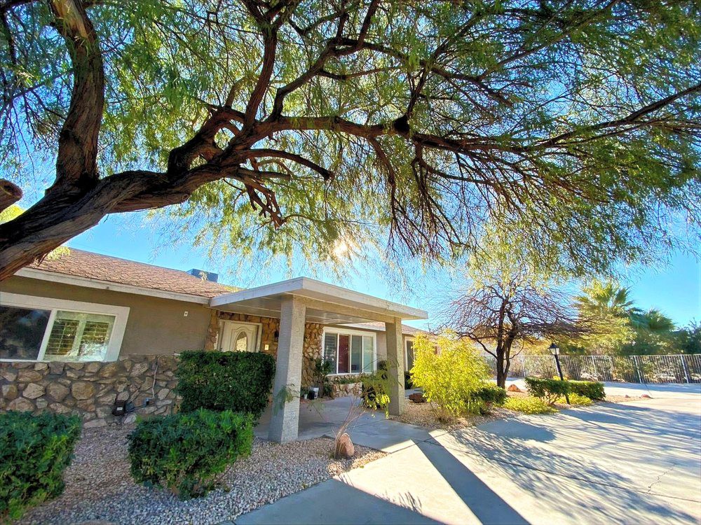A sunny suburban house with a large tree casting shadows in the yard.