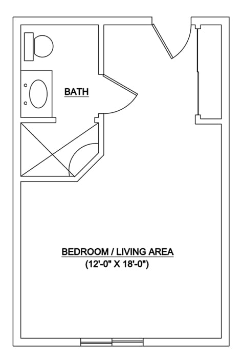 A floor plan of a compact studio apartment featuring a combined bedroom and living area with an attached bathroom.