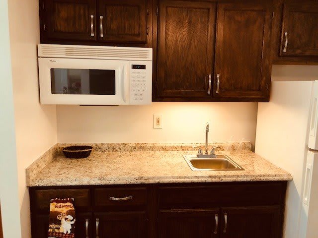 A small kitchen area with a microwave, dark wooden cabinets, and a granite countertop featuring a sink.
