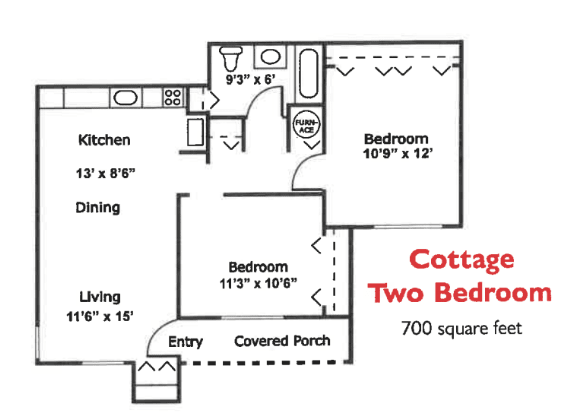 Floor plan of a 700 square foot, two-bedroom cottage.