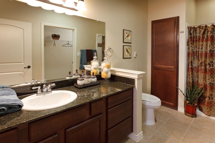 Stylish bathroom with a dark countertop, sink, and wooden cabinets.
