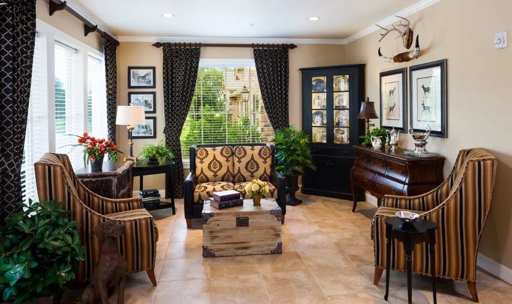 A cozy living room with traditional styling, featuring patterned furniture, decorative plants, and a large window with dark curtains.