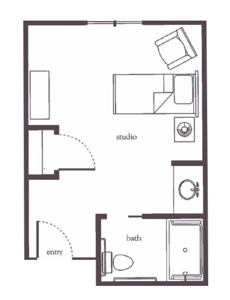 Floor plan of a studio apartment with a bed, chair, kitchenette, and bathroom.