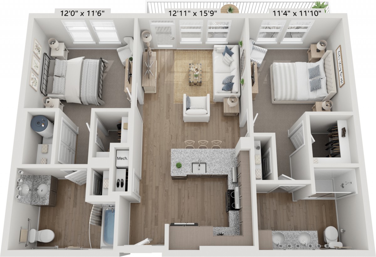 3D rendering of an apartment floor plan with bedrooms, a living room, and a kitchen.