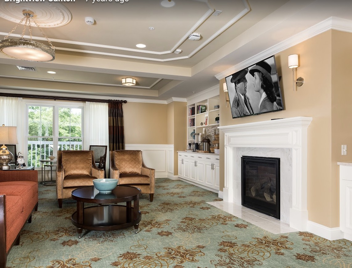 A cozy living room with elegant armchairs, a fireplace, and a television mounted above.