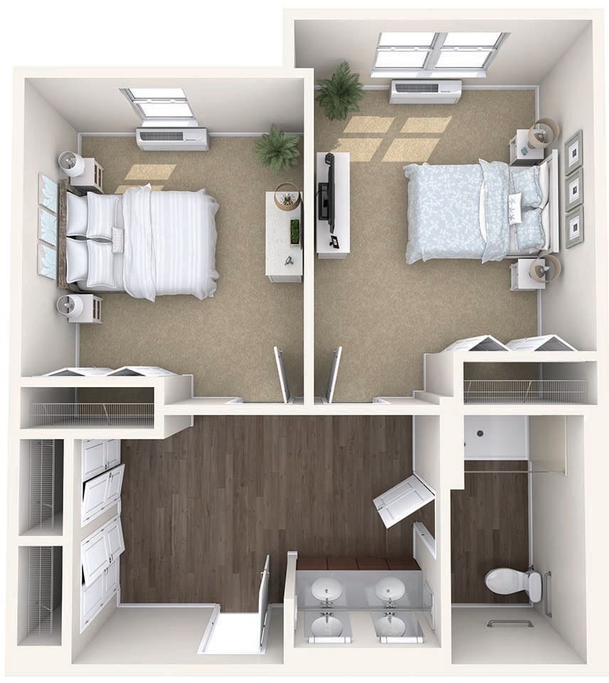 A floor plan of a two-bedroom apartment featuring two bedrooms, a bathroom, and shared living space.