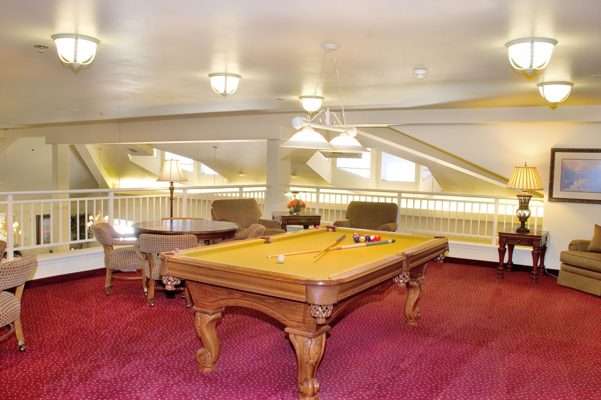 A well-lit game room featuring a billiards table on red carpeted flooring.