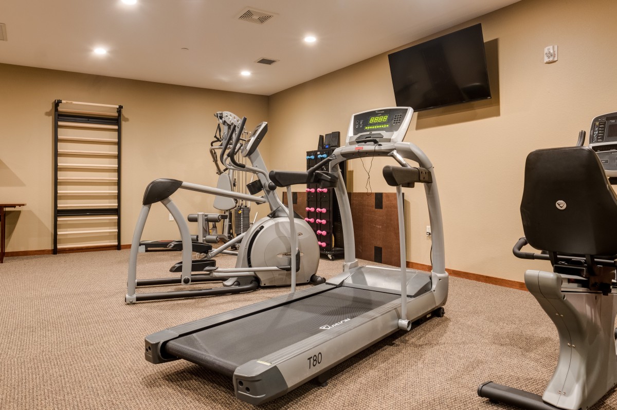 A well-equipped home gym featuring a treadmill and an elliptical machine.