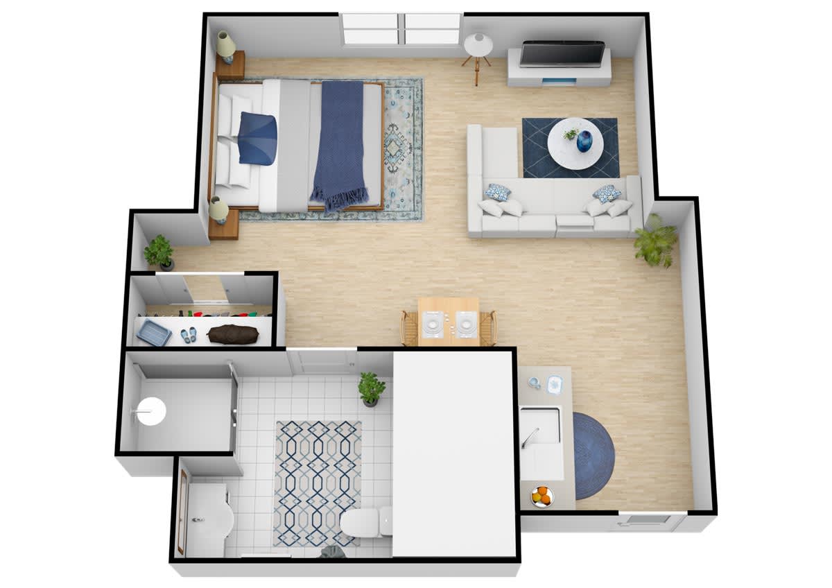 A floor plan of a one-bedroom apartment featuring a living room, bedroom, kitchen, and bathroom.