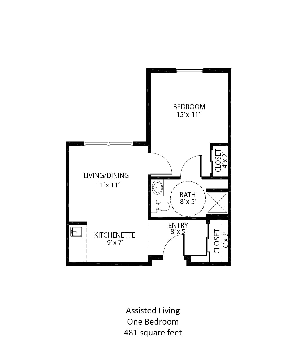 A floor plan of an assisted living apartment with one bedroom, living room, kitchenette, and bathroom.