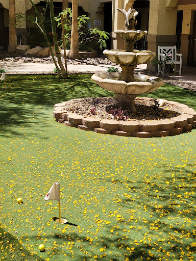 A serene garden featuring a beautiful fountain surrounded by lush greenery and colorful flowers.